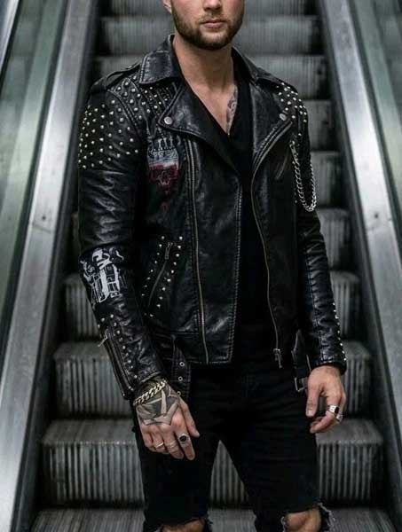 Mens Black Studded Spike Leather Brando Biker Jacket