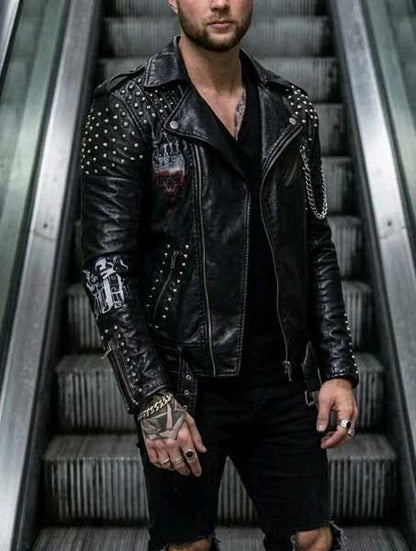 Mens Black Studded Spike Leather Brando Biker Jacket