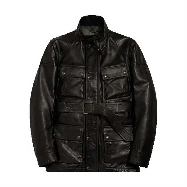 Mens Black Waxed Leather Jacket with Belted Collar