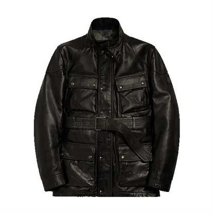 Mens Black Waxed Leather Jacket with Belted Collar