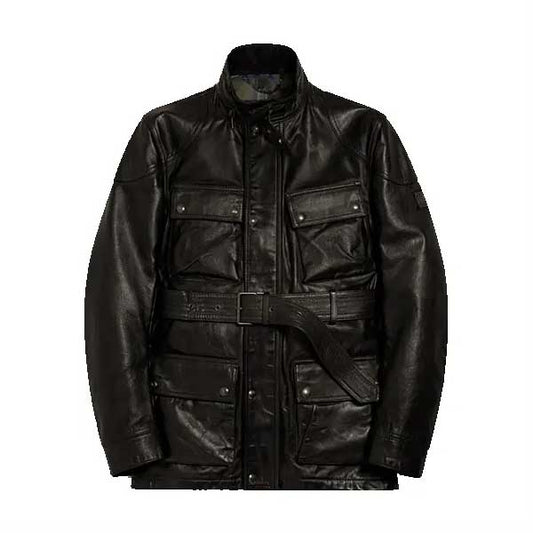 Mens Black Waxed Leather Jacket with Belted Collar
