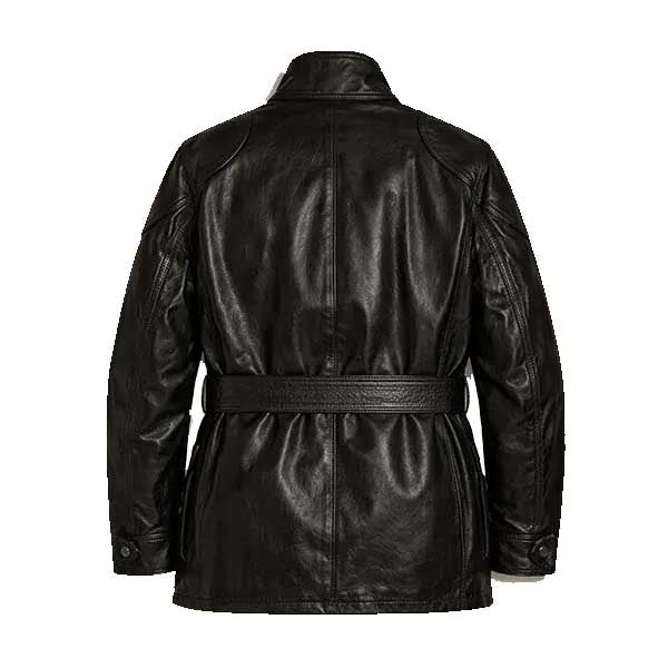 Mens Black Waxed Leather Jacket with Belted Collar