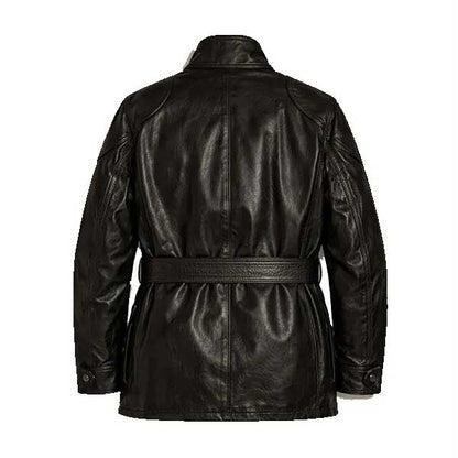 Mens Black Waxed Leather Jacket with Belted Collar