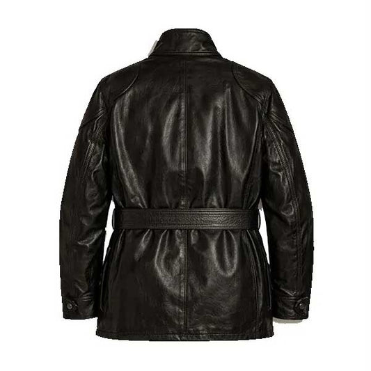 Mens Black Waxed Leather Jacket with Belted Collar