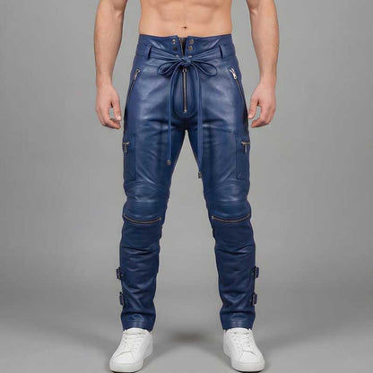 Men's blue cowhide leather cargo pants handmade biker gothic style front view with zipper pockets