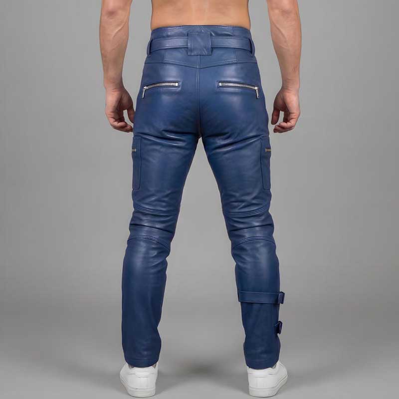 Men's blue cowhide leather cargo pants back view displaying premium leather finish and stitching