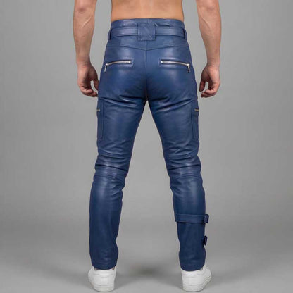 Men's blue cowhide leather cargo pants back view displaying premium leather finish and stitching