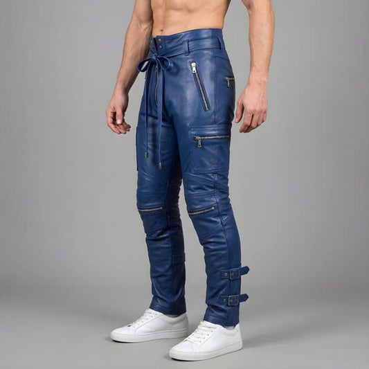 Handmade blue leather cargo pants for men with adjustable ankle buckle straps detail