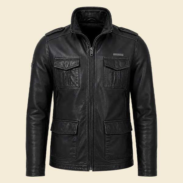 Mens Brad Black Leather Jacket in real leather with shirt collar