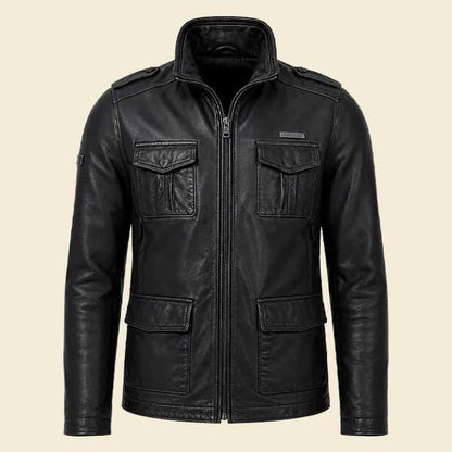 Mens Brad Black Leather Jacket in real leather with shirt collar