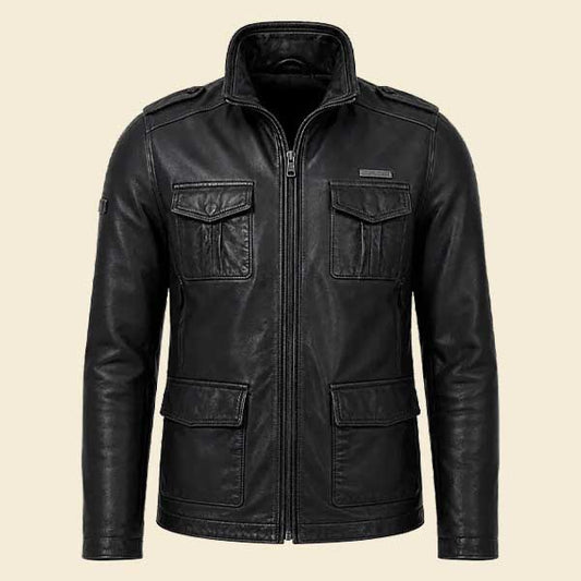 Mens Brad Black Leather Jacket in real leather with shirt collar