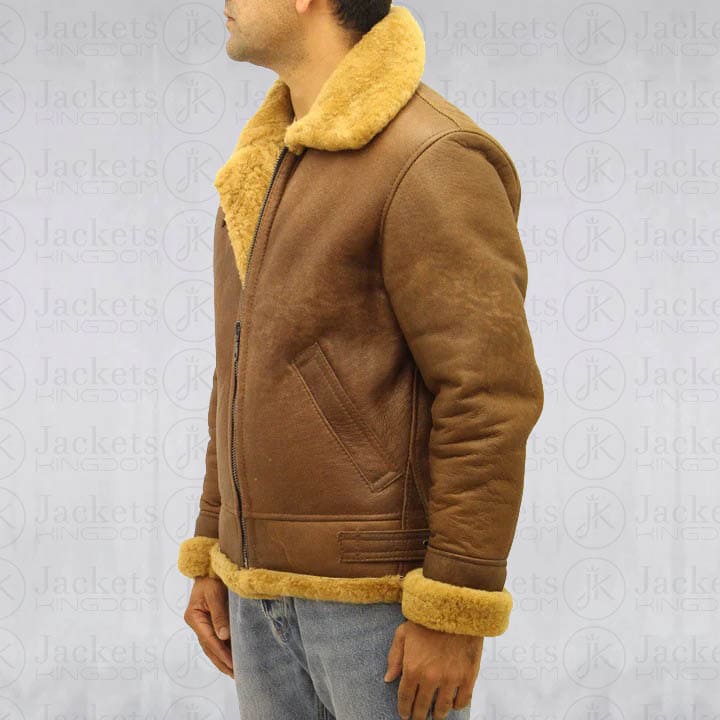 Men's Brown Aviator B3 Sheepskin Leather Jacket - 100% Genuine Sheepskin Leather with Faux Shearling Fur Lining