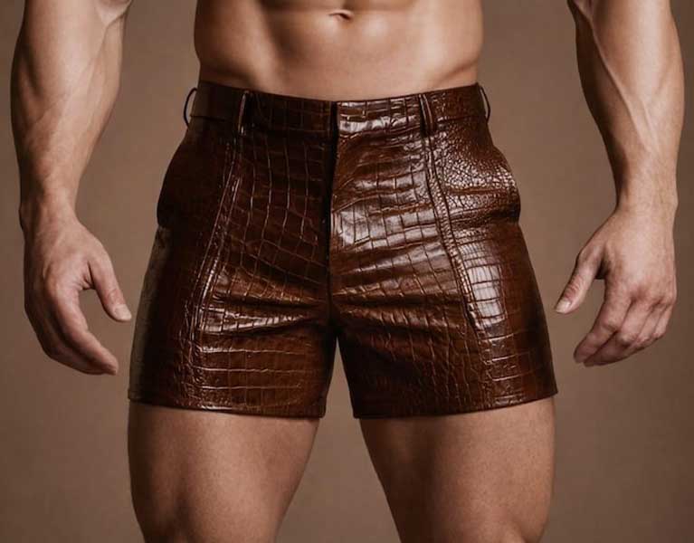 Mens Brown Croc Texture Leather Slim Fit Shorts
