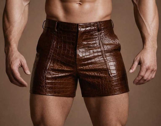 Mens Brown Croc Texture Leather Slim Fit Shorts