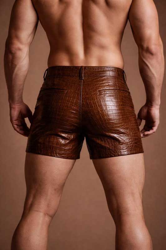 Mens Brown Croc Texture Leather Slim Fit Shorts