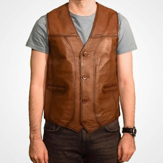 Men’s Brown Lambskin Leather Button Vest