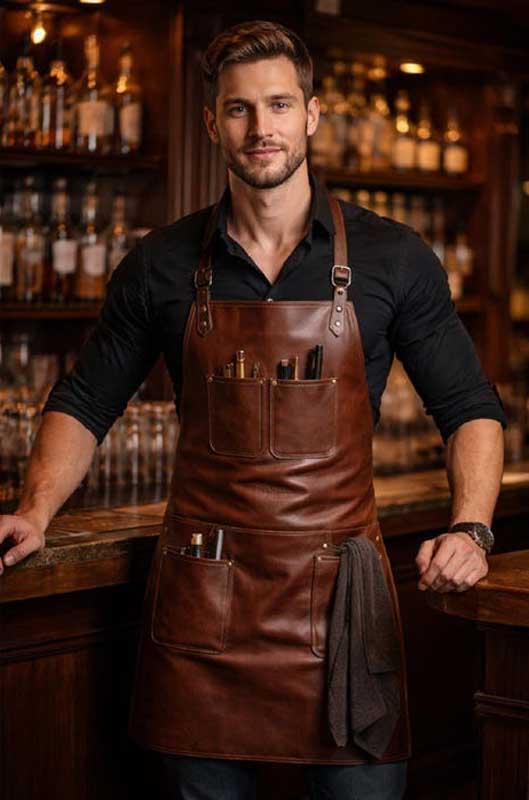 Mens Brown Leather Bartender Work Apron