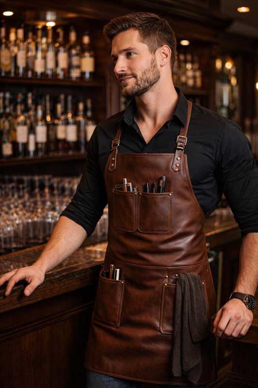 Mens Brown Leather Bartender Work Apron