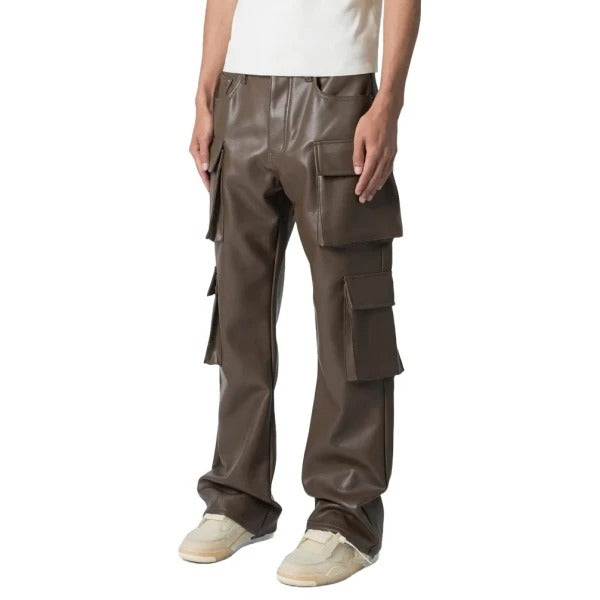 Men’s Brown Leather Cargo Trousers with Four Flap Pockets