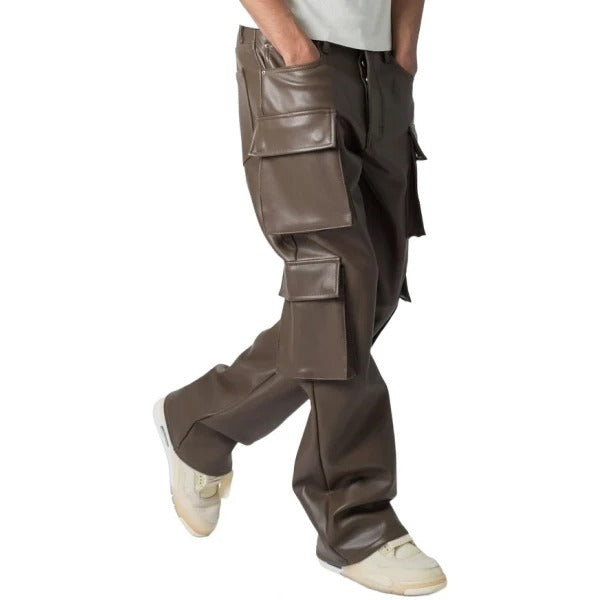 Men’s Brown Leather Cargo Trousers with Four Flap Pockets