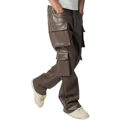 Men’s Brown Leather Cargo Trousers with Four Flap Pockets