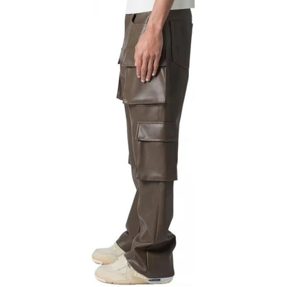 Men’s Brown Leather Cargo Trousers with Four Flap Pockets