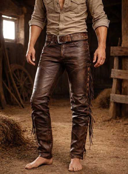 Mens Brown Leather Fringe Cowboy Pants