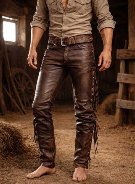 Mens Brown Leather Fringe Cowboy Pants