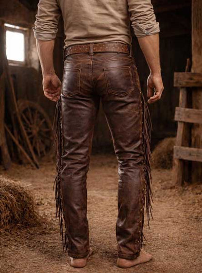 Mens Brown Leather Fringe Cowboy Pants