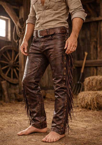 Mens Brown Leather Fringe Cowboy Pants