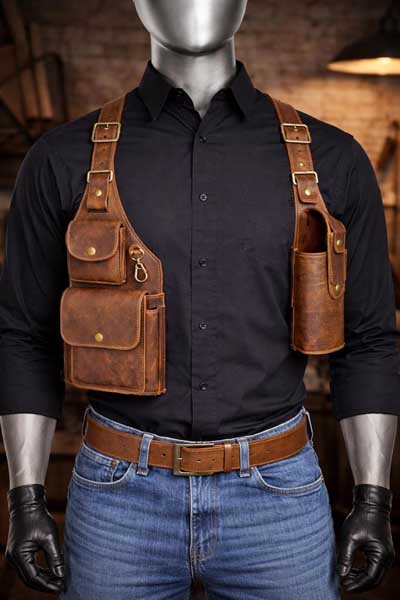 Mens Brown Leather Utility Harness Chest Bag