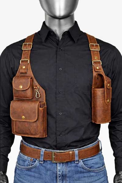 Mens Brown Leather Utility Harness Chest Bag