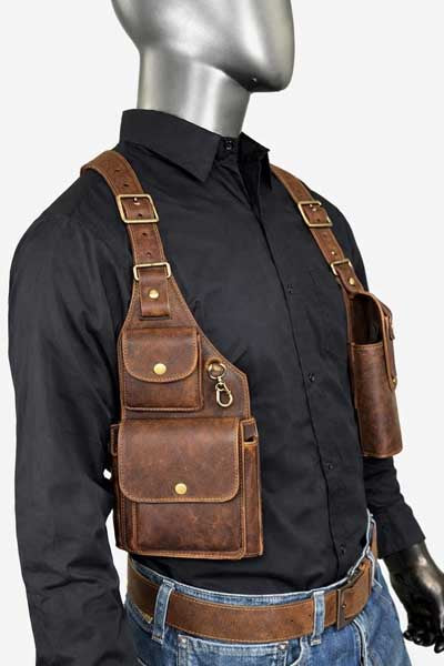 Mens Brown Leather Utility Harness Chest Bag