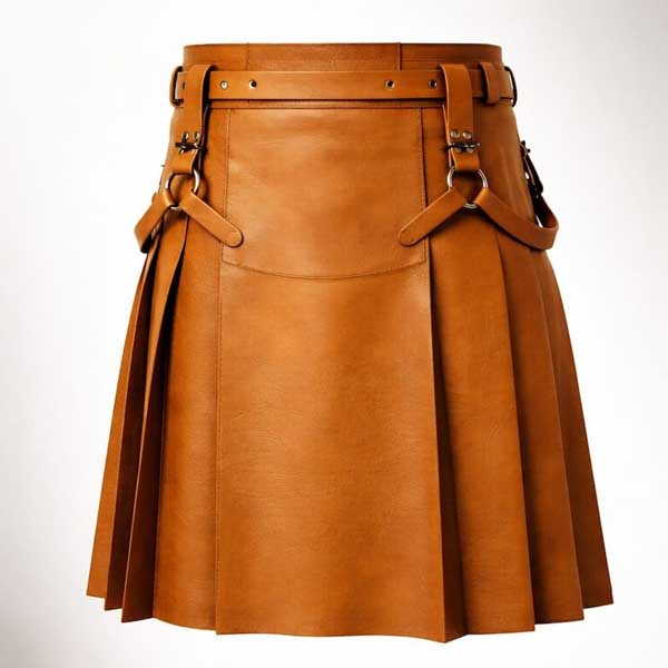 Mens Brown Leather Utility Kilt with Straps