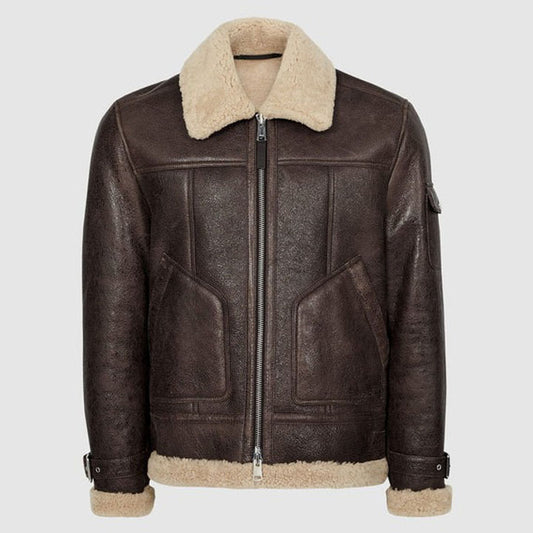 Brown Shearling Collar Aviator Jacket