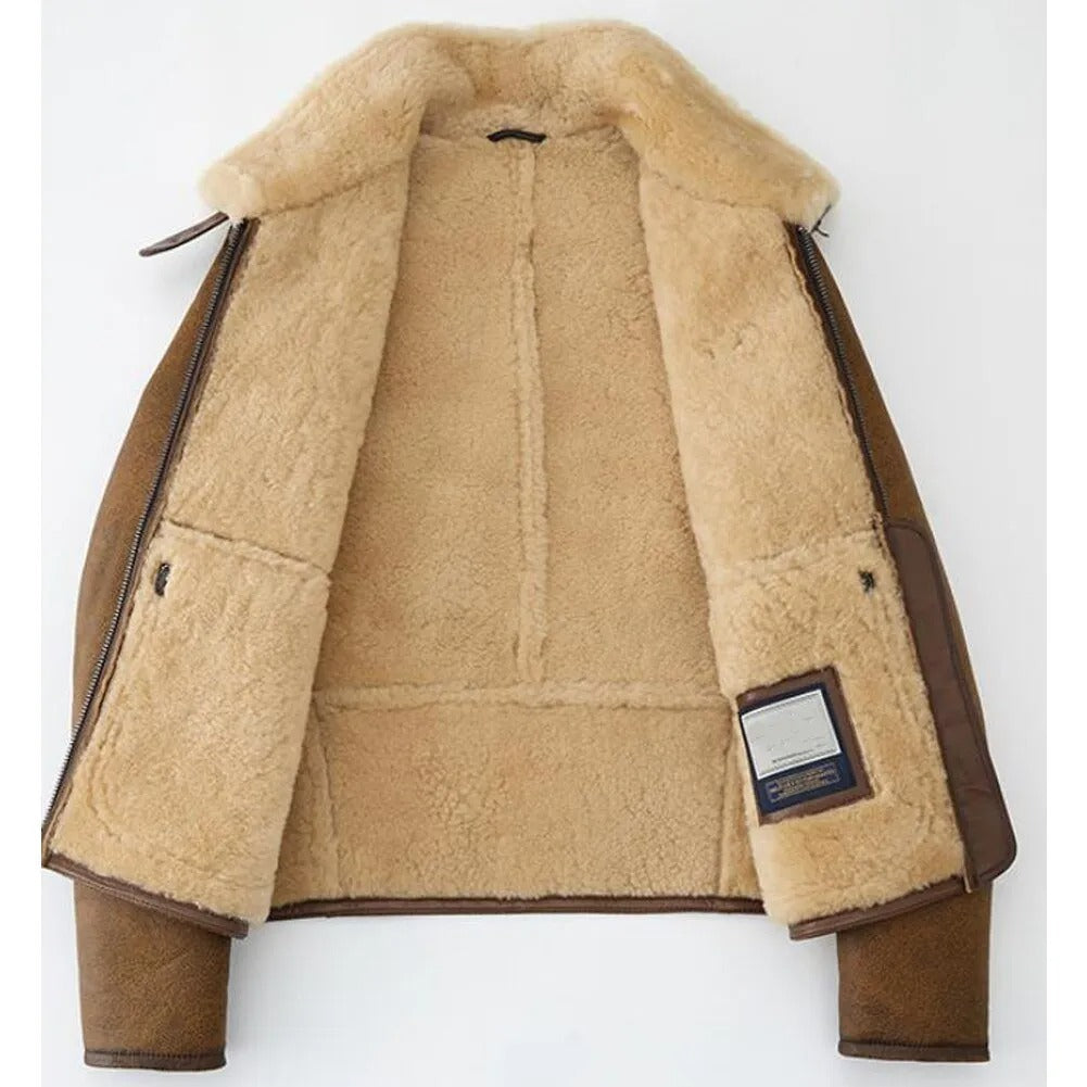 Men's Brown Shearling Lapel Jacket - Short Style B3 Bomber Coat