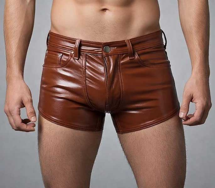 Mens brown sheepskin leather slim fit low rise shorts