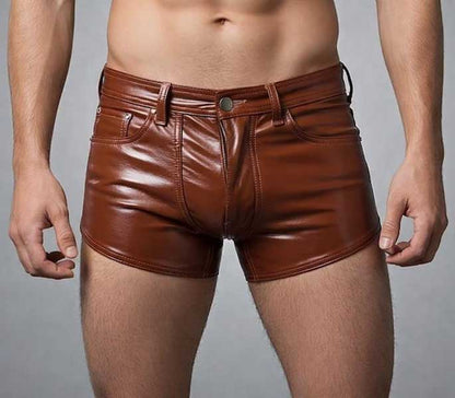 Mens brown sheepskin leather slim fit low rise shorts