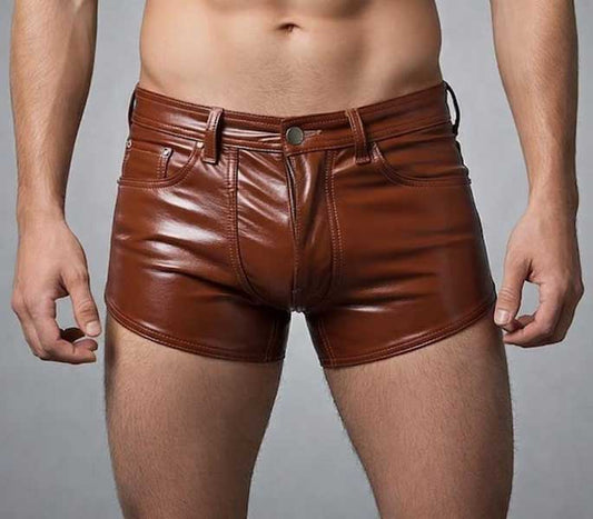 Mens brown sheepskin leather slim fit low rise shorts