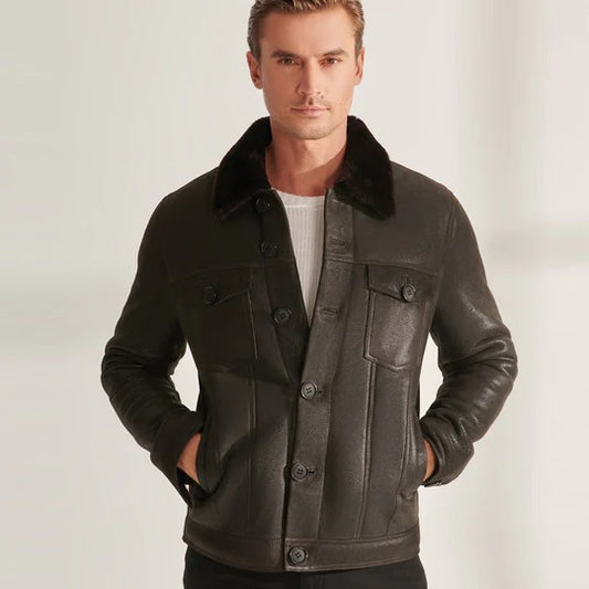 Brown Sheepskin Shearling Leather Trucker Aviator Jacket - Pilot jacket