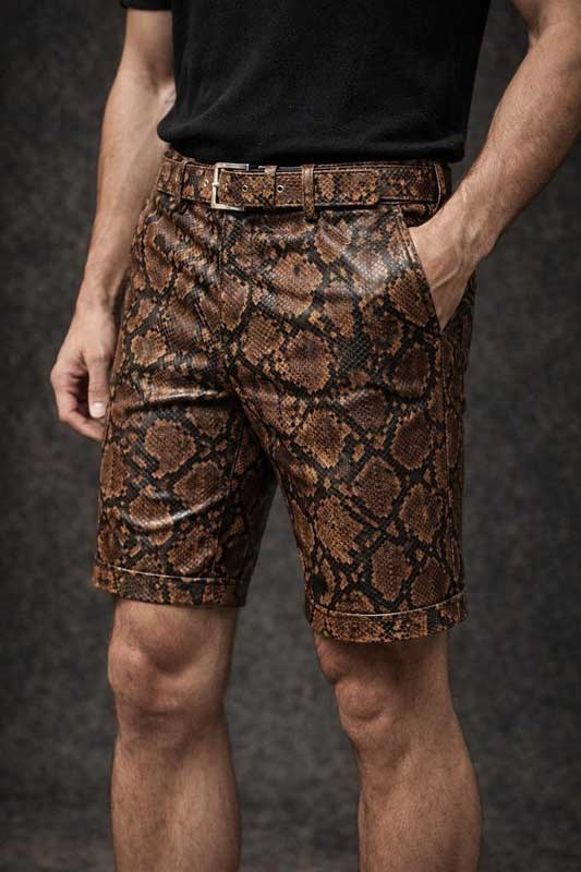 Mens Brown Snake Print Faux Leather Slim Fit Shorts