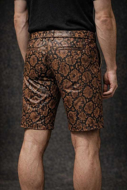 Mens Brown Snake Print Faux Leather Slim Fit Shorts