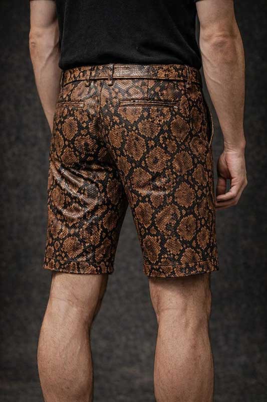 Mens Brown Snake Print Faux Leather Slim Fit Shorts