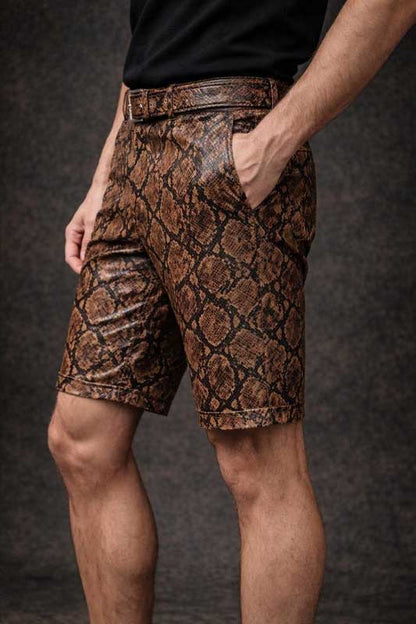 Mens Brown Snake Print Faux Leather Slim Fit Shorts