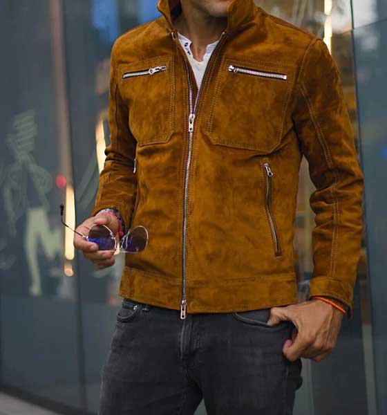 Mens Brown Suede Leather Slim Fit Trucker Jacket