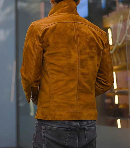 Mens Brown Suede Leather Slim Fit Trucker Jacket