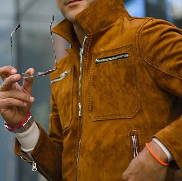 Mens Brown Suede Leather Slim Fit Trucker Jacket