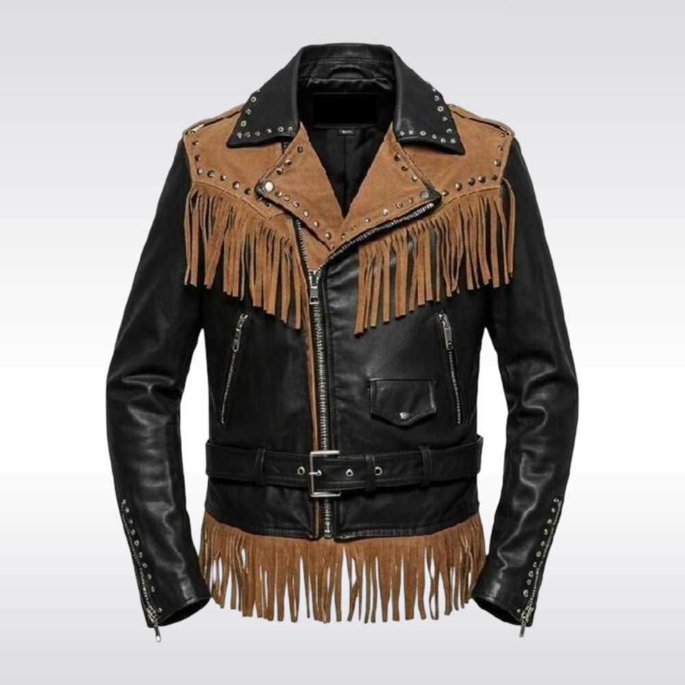 Men’s Brown and Black Fringe Leather Biker Jacket