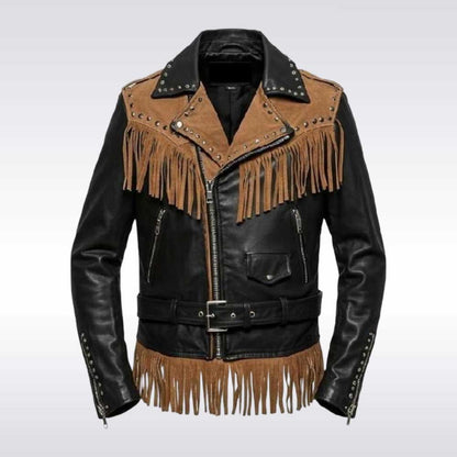 Men’s Brown and Black Fringe Leather Biker Jacket