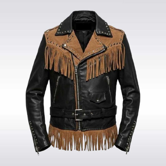Men’s Brown and Black Fringe Leather Biker Jacket